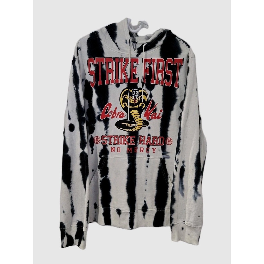 Cobra Kai Large Hoodie Strike First‎ No Mercy Karate Kid Black/ White Tie Dye
